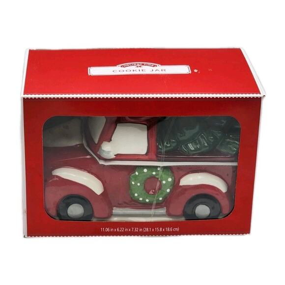 Holiday Time Christmas Tree Red Truck Cookie Jar Green Wreath Hand Painted - Picture 2 of 5